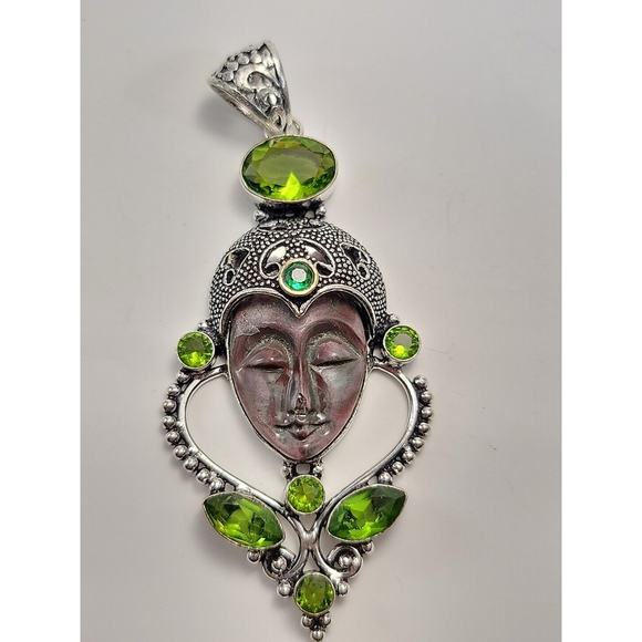 Sterling Silver Bali Goddess Pendant with Peridot and Green Garnet Stones - Picture 2 of 9